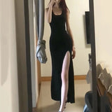 Poshoot Sexy High Split Spaghetti Strap Dress Women 2024 Summer Black Bodycon Dresses Woman Sleeveless Party Long Dress Ladies