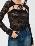 Poshoot Women Sleeveless Spaghetti Strap Lace Camis Crop Tops with Long Sleeve Tie-up Shrugs Going Out Tops Summer Streetwear