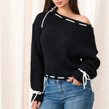 Poshoot y2k Loose Sweater Women Fashion Bow Lace Up Skew-collar Female Knitted Pullover 2024 Autumn Winter Long Sleeve Sweet Lady Top