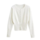 Poshoot Women's High Waist Round Neck Single Breasted Cardigan Solid Long Sleeve Short Sweater Top Autumn Slim Bottoming Shirt