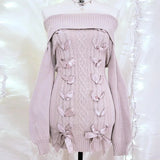 Poshoot Cottage Fairy 00s Vintage Knitted Dress Japanese Off Shoulder Pullovers Mini Dress Fairy Y2K Kawaii Tie Up Retro Sweater Dress