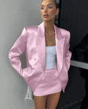 Poshoot Pink Satin Blazer And Mini Skirt Set