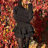 Poshoot Casual Short Skirt Two-piece Set Women's Fall Black Hooded Long Sleeve Top Pleated A-Line Skirt Set Y2k Female Skirt Set