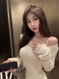 Poshoot 2023 Spring Suits Bodycon Hollow Out Knitted Long Sleeve Dress+Slip Elegant Mini Dress Office Women Sexy Two Piece Dress Korean