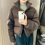 Poshoot 2024 Women's Winter Warm Thick Parkas Chic Brown Long Sleeve Stand Collar Down Cotton Jacket Female Padded Coat Short Outerwear