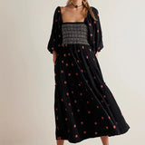 Poshoot Bohemian Floral Dress Women Square Neck Ruffle Swing A Line Maxi Dress Long Sleeve Beach Style Holiday Lady Club Party Dress