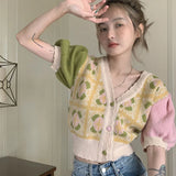 Poshoot Sweet Printed Knitted T Shirt Women Summer Patchwork Puff Short Sleeve Crop Tops Woman Summer V Neck Cardigan Sweater