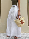 Poshoot Women High Waist Casual Wide Leg Long Palazzo Pants  Summer With Pockets Loose Female Simple White Trousers Bottoms