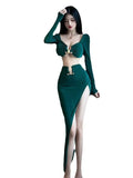 Poshoot Underwear New Sexy Strapless Long Sleeved Hollowed Out Long Two Piece Skirt Set Bandage Off Shoulder Top Fashion Sweet HS88