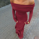 Poshoot High Waisted One Shoulder Long Dress Female Sexy Backless Slim Evening Gown Elegant Tight Pleated Long Sleeve Long Dress