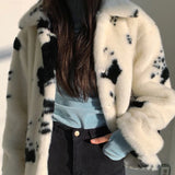 Poshoot Cow Pattern Faux Fur Jacket Women Korean Fashion Turn-Down Collar Warm Parkas Woman Soft Thick Winter Fluffy Coat Female