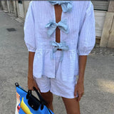 Poshoot Ruffle 2 Piece Set Stripe Bow Lace Up Short Sleeve Shirt Tops + Short Pants Beach Holiday Women Y2K Retro Kawaii Loose Outfits