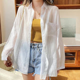 Poshoot White Chiffon Sun Proof Blouse Women Summer Loose Long Sleeve Casual Thin Shirt Woman Simple Solid All Match Beach Shirts Mujer