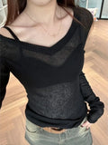 Poshoot Sexy Black V Neck Grunge Women T-shirt Casual Vintage Slim Knitted Blouse Long Sleeve Y2k Aesthetic Fashion Crop Tops Japanese