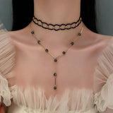 Poshoot-Vintage Kpop Black Bead Pendant Necklaces for Women Gothic Y-Shaped Double Layere Necklace Punk Clavicle Choker Jewelry