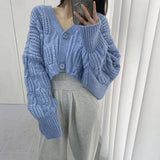 Poshoot Autumn Chic Women's Cropped Knitted Cardigan Solid Color Long Sleeve V Neck Cardigans Women All Match Button Up Sweater Shawl