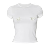 Poshoot-Embroidered Butterfly Top Shirts For Women Slim O Neck Long Sleeve Crop Tops Female 2024 Fashion Bodycon White Tshirts