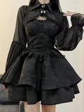 Poshoot Summer Black Gothic Lolita Short Party Suits Women Long Sleeve Coat + Pure Color Mini Dress Fashion High Waist Outfits Chic