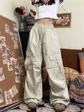 Poshoot Women Cargo Pants Vintage Y2k Oversized Trousers Baggy Korean Streetwear 90s Hippie Beige Pleated Joggers Hip Hop Style