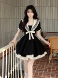 Poshoot-2024 Summer Dress For Women  Harajuku Preppy Style School Casual Sailor Collar Puff Sleeve Wrap Short Dresses