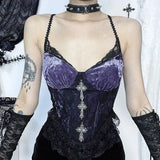 Purple Velvet Cross Pendant Lace Trim Camis Corset Crop Tops Y2K Sexy Sleeveless Backless Slim Camisole Summer Women Top