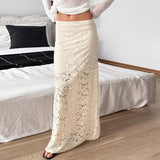 Poshoot Elegant Lace See-through Long Skirt Women's Sexy Patchwork Skirt Solid Casual Loose High Waist Slim Retro Long Skirt Y2k