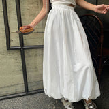 Poshoot 2024 Summer White Flower Bun Skirts Women Korean Fashion Lantern Loose Long Skirt Woma High Waist A Line Skirts Female