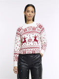 Poshoot Women's Christmas Sweaters Classic Reindeer Snowflake Print Long Sleeve Round Neck Knit Jumper Tops New Year Red Knitwear Coat