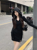 Poshoot Spring Autumn Fashion New Korean Style Soft Girl Tight Sexy Wrapped Hip Skirt Women's Hooded Long Sleeved Solid Color Dress A6NT