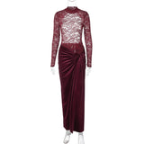 Talenza Lace Maxi Skirt Suit Women's Sexy Mesh See-through Long Sleeve Jumpsuit Slim Lace Up Floral Skirt Suit Female Skirt Suit