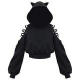 Poshoot Y2k Gothic Womens Hoodie Cat Ear Crop Top Hooded Sweatshirt Hollow Out Lace Up Long Sleeve Hodded Casual Pullover Autumn