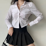 Poshoot White Crop Shirts for Women Korean Fashion Button Up Crop Tops Woman 2024 Spring Summer Long Sleeve Y2K Blouse Ladies