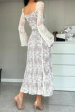 Poshoot Christmas Thanksgiving Gifts  Lace-Up Square Neck Printed Long Sleeve Maxi Dress