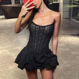 Poshoot Black Lace Strapless Dress Women's Sexy Sleeveless Pleated A-Line High Waist Dress Backless Off Shoulder Y2k Party Dress