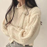 Poshoot Zipper Up Korean Knitted Cardigan Women Autumn Winter Cropped Turtleneck Sweater Woman Chic Long Sleeve Twist Cardigans Female