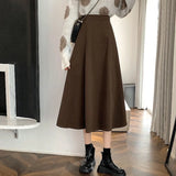 Poshoot Autumn Winter Woolen A Line Skirt Women Back Elastic High Waisted Pleated Skirts Woman Korean College Style Midi Skirt