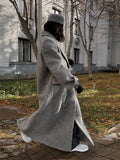 Poshoot Fashion Grey Oversized Woolen Overcoat Chic Lapel Long Sleeve Double Breasted Long Coats 2024 Autumn Female Warm Street Coat