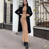 Poshoot Tight Knitted Long Dress Women's Autumn Solid Long Sleeve Knitted Dress High Neck Elegant Slim Ribbed Knitted Long Dress