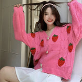 Poshoot Strawberry Decor Knitted Cardigan Women Chic Long Sleeve Sweet Cardigans Woman Korean Lazy Wind Short Sweater Coat Female