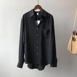 Poshoot Elegant Office Long Sleeved Shirts Women Turn Down Collar Solid Color Loose Shirt Ladies 2023 Chic Pocket Korean Blouse