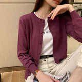 Poshoot Women's Round Neck Cardigan Sweater Lightweight Long Sleeve Knitted Cardigans Woman Solid Color Button Up Jumper Jacket