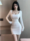 Poshoot 2023 Spring Women's New Sexy Spice Girls foundation Square Neck Long Sleeve Slim Solid Color Fashion Wrap buttocks Dress F0RZ