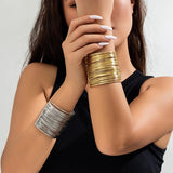 Exaggerated Multilayer Metal Wires Strings Open Bangles for Women Vintage Gold Color Wide Cuff Bracelet Pulseras Steampunk Men