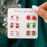 Poshoot 6 Pairs/Set Christmas Stud Earring For Women Cute Cartoon Resin Snowflake Santa Claus Elk Earrings Girl Party New Year Jewelry