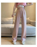 Poshoot-Women's Summer Acetate Ice Silk Wide Leg Pants Lady Summer Casual Solid Color Elastic Waist Loose Long Pants