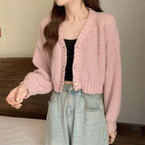 Poshoot Y2K Knitted Cropped Cardigan Sweater Women Korean Short Long Sleeve Crop Tops Woman Solid Color V Neck Cardigans Female