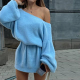 Poshoot Female V-neck Imitation Mink Sweater Fall Sexy Off-Shoulder Loose Sweater Dress Solid Casual Pullover Street Knitted Top