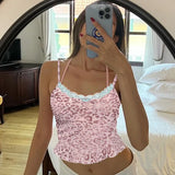 Poshoot Print Lace Spaghetti Strap Slim Cami Women'S Crop Tops Sexy Summer Fashin 2024 New Warehouse Casual Clothes