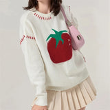 Poshoot Women Y2K Tomato Printed Pullover Sweater Top Oversized Fruit Graphic Long Sleeve Crew Neck Knit Sweater Fall Streetwear