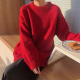 Poshoot Autumn Winter Red Sweater Women Round Neck Loose Knitted Jumpers Woman Christmas Style Long Sleeve Chic Sweaters Female